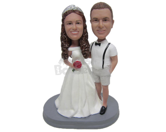 Custom Bobblehead Groom In Shorts And Suspenders And Bride In Wedding Gown - Wedding & Couples Bride & Groom Personalized Bobblehead & Cake Topper Custom Bobblehead Groom In Shorts And Suspenders And Bride In Wedding Gown - Wedding & Couples Bride & Groom Personalized Bobblehead & Cake Topper